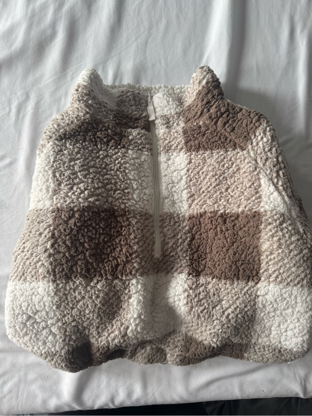 BuffBunny Sherpa Plaid Half-Zip Vest - Cream & Brown